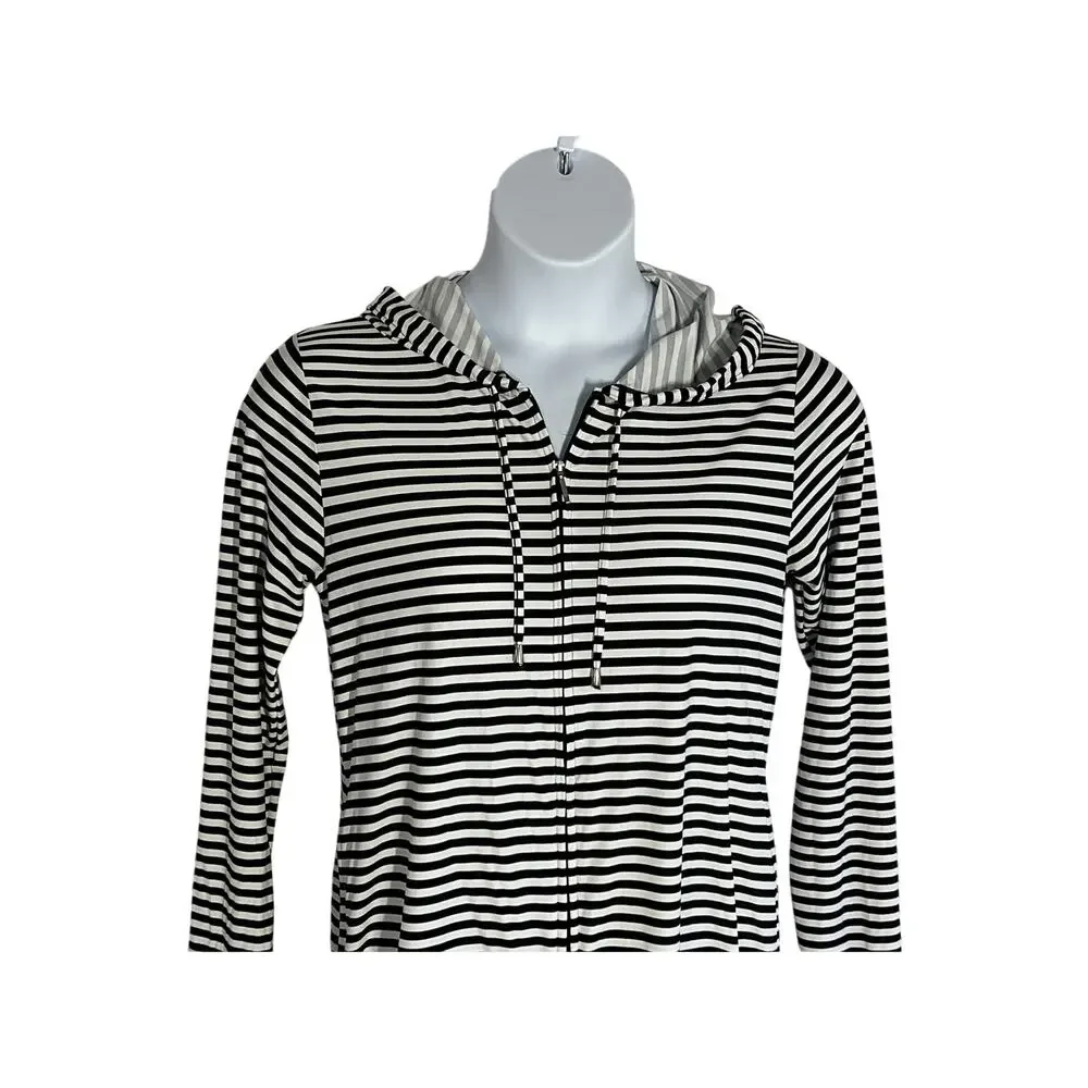 Coolibar Beach Small Cover Up Dress UPF UV 50+ Black White Striped Hood Pockets